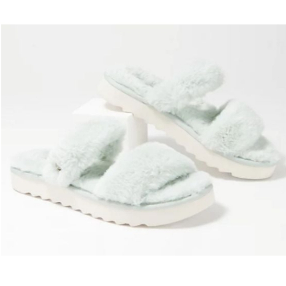 Koolaburra by UGG Faux-Fur Slide Sandal Fuzz On Pale Aqua Slippers